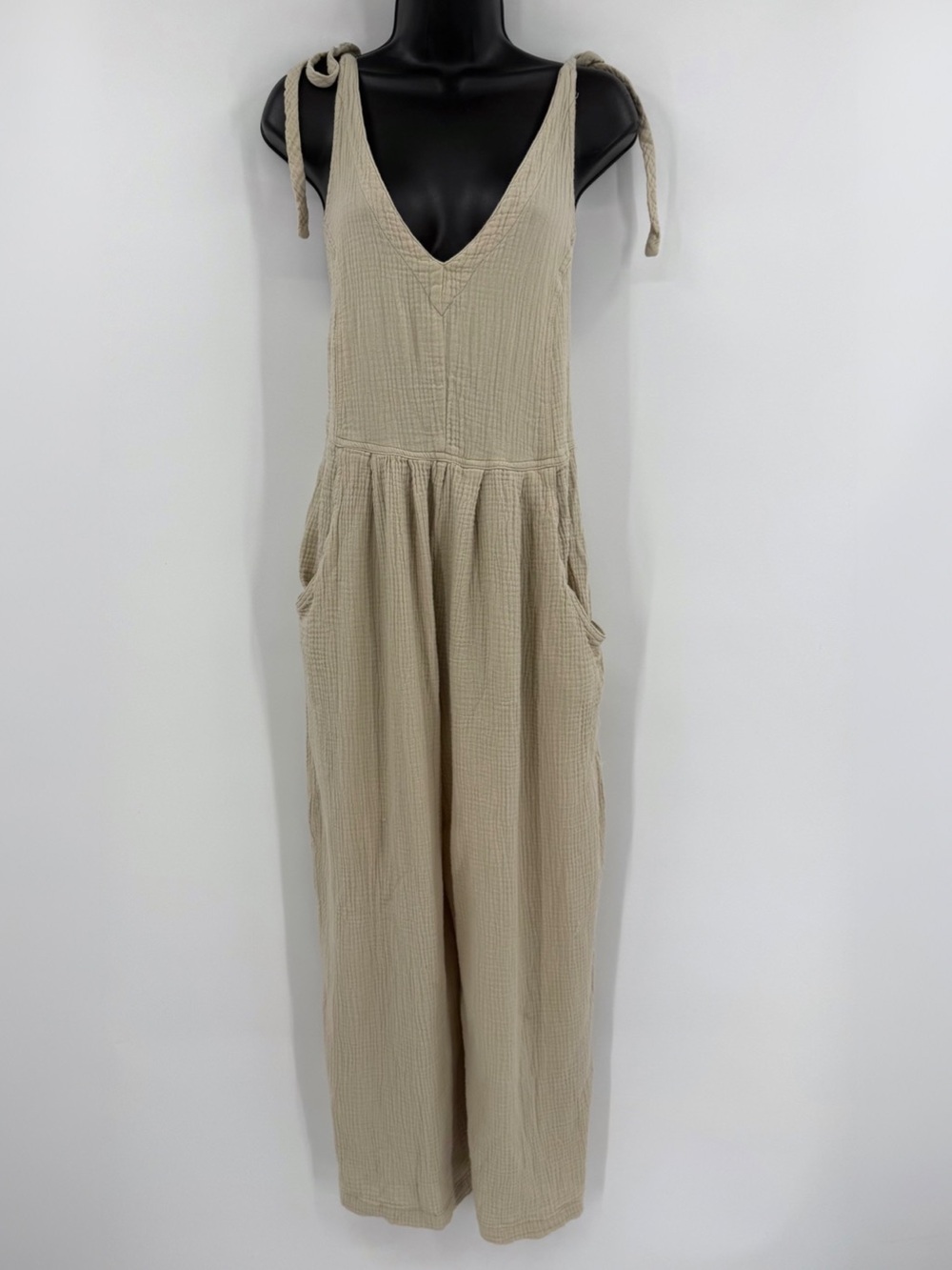 Beige Tie-Shoulder Cotton Jumpsuit